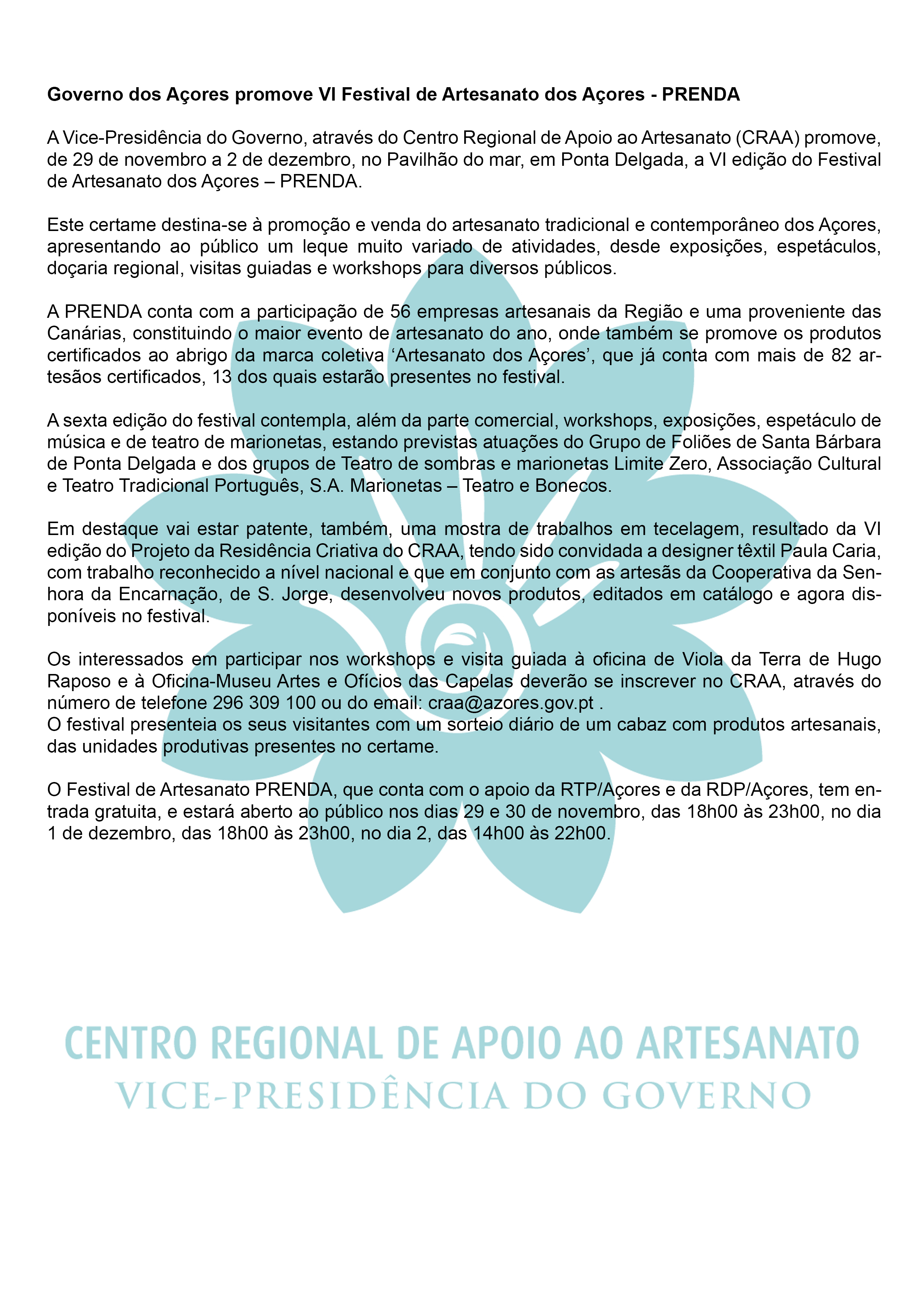 Governo dos Acores promove VI Festival de Artesanato dos Acores - PRENDA PT